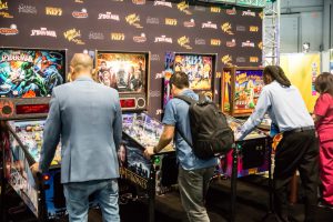 Las Vegas, NV - Jan. 8, 2016: Visitors to the 2016 Consumer Electronics Show (CES) test their skills on a new generation of pinball games in Las Vegas.